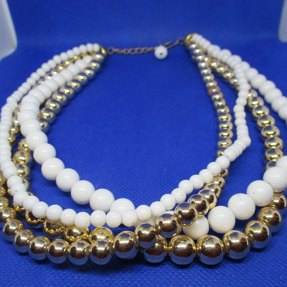 Four Strand Metallic Gold Tone White Beaded Necklace Multi Strand Bead  Necklace - Picture 3 of 10